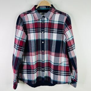 Orvis‎ Fleece Lined Shirt Jacket Plus Womens Size M Blue White Green Plaid Snap